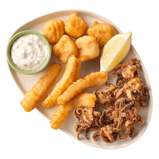 Hake nuggets, calamari strips & squiggly pops with a sauce