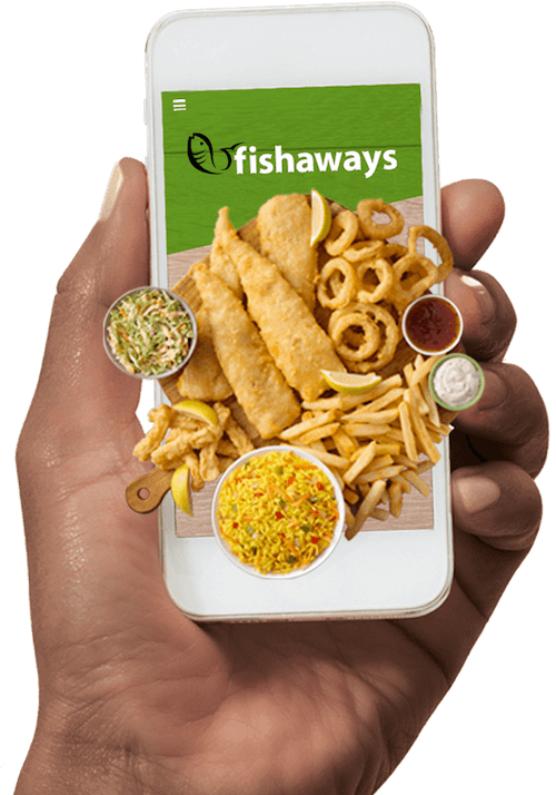 Fish, rice and chips with onion rings and coleslaw meal shown on phone screen