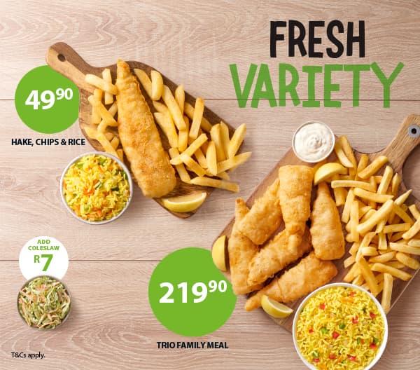 Fresh variety fish, chips and seafood meals